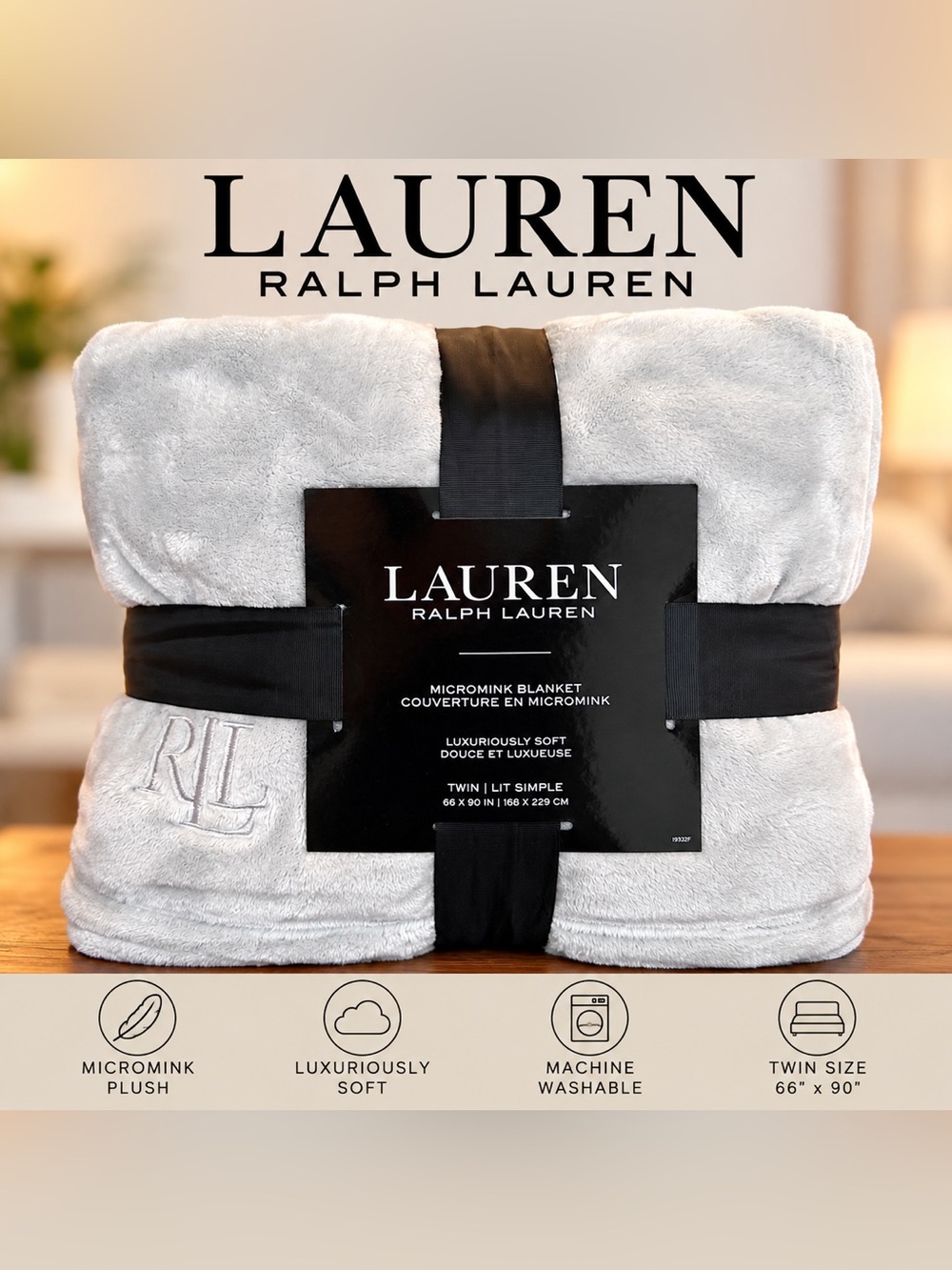 Lauren Ralph Lauren Micromink Plush Twin Blanket Gray 66x90 NWT